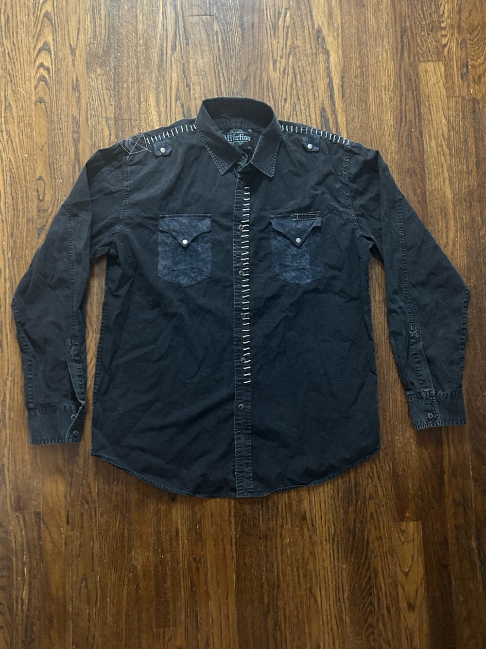 Affliction Black Button-Front Jean Jacket with Contrast Chest Pockets